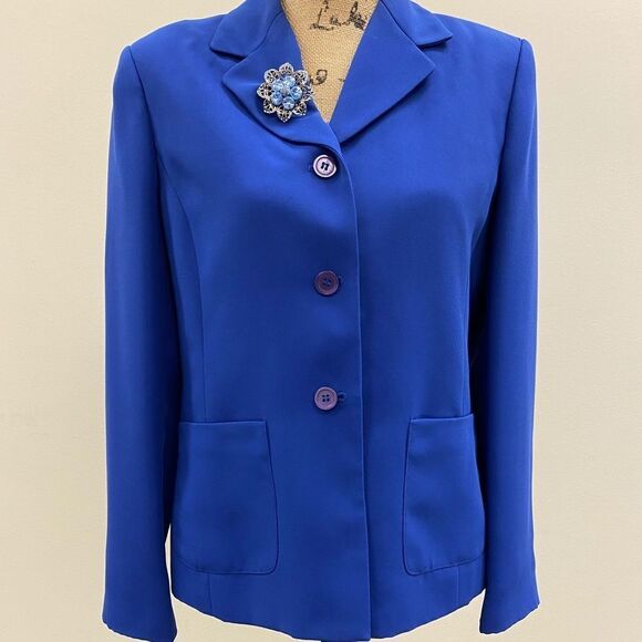 EMMA James by Liz Claiborne academia blue 3 button blazer with accent brooch - Picture 5 of 5